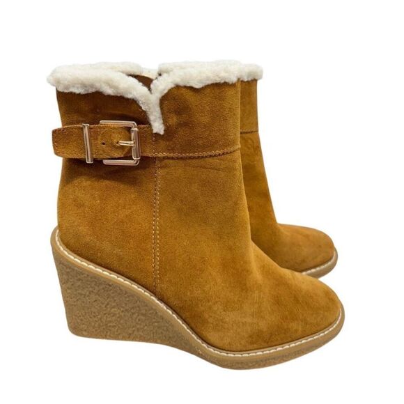 Franco Sarto Boots Size 8 Tan Leather Suede Shearling Wedge Heel Booties - Picture 2 of 9